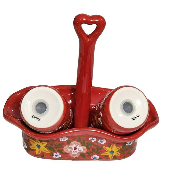Handcrafted Ceramic Red Salt And Pepper Shakers With Caddy - Picture 2 of 16